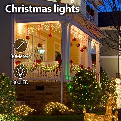 אורות עץ חג המולד של Pemotech עם [4 דימר], 98ft 300 LED פיות מיתרים אורות מיתר עם 8 מצבים, אורות מיתר מקורה חיצוניים